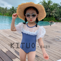 girls one-piece lace neckline gauze sleeves backless swimsuit