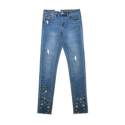 Lady's Mid Waist Embroidery Skinny Jeans