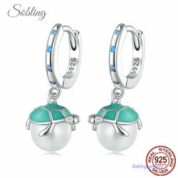 Sobling 925 Sterling Silver round hoop Earrings with Aqua enamel sea turtle cap freshwater pearl dro