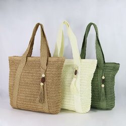 Boho Handmade Straw Beach Tote with Tassel