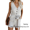 Women Solid Color V Neck Button Sleeveless Belted Short Jumpsuits